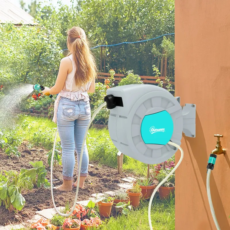 Gartenschlauchtrommel mit 25+2 Meter in robustem Gehäuse, Wandhalterung, 7 Sprühmuster, 180° drehbar, Grau