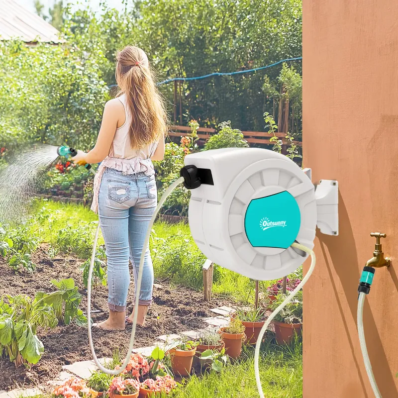 Gartenschlauchaufroller 25+2 m Wandhalterung + Griff 180° schwenkbar 55 x 20 x 42 cm Hellgrau