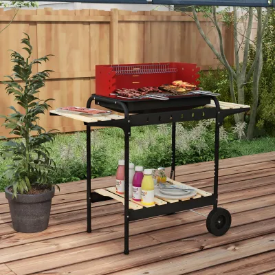 Metall-Holzkohlegrill mit Räder, 103x47x95 cm, Rot und Schwarz