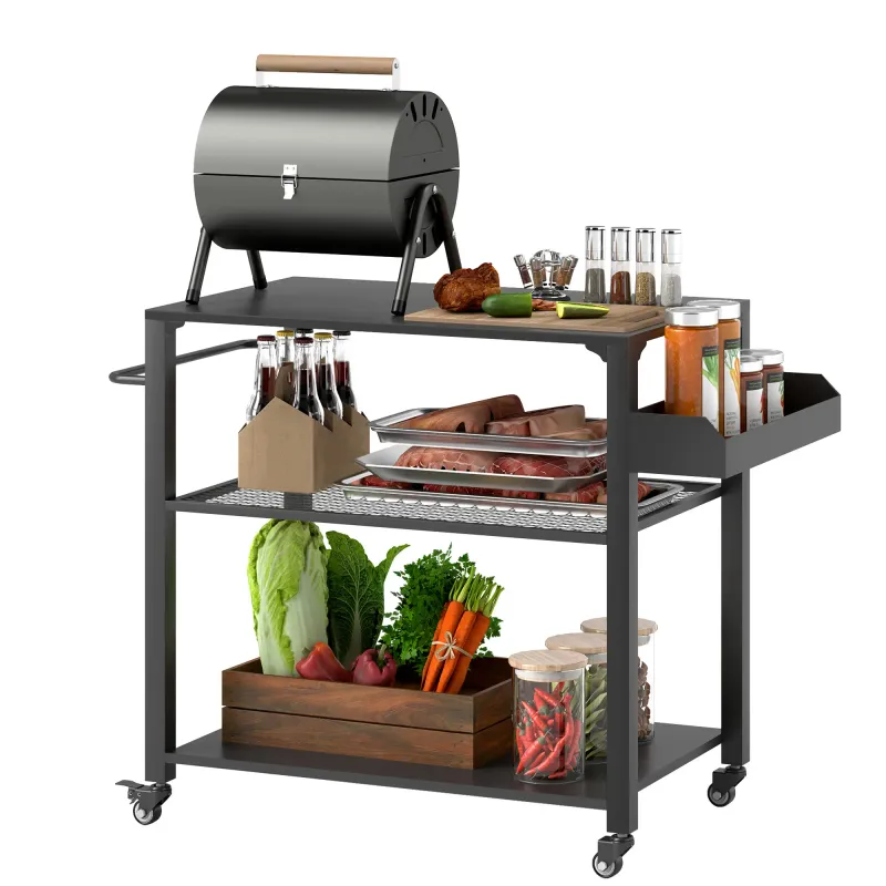 Outdoor-Kücheninsel, Grillwagen 3-Etagen Servierwagen mit Arbeitsfläche Ablagen Räder, BBQ