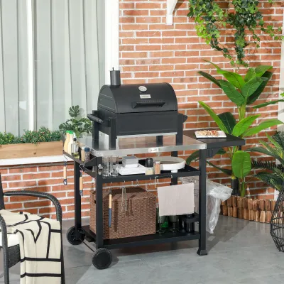 Grillwagen, Outdoor-Küchenwagen inkl. Zubehör, 125 x 65 x 84 cm, Schwarz + Silber