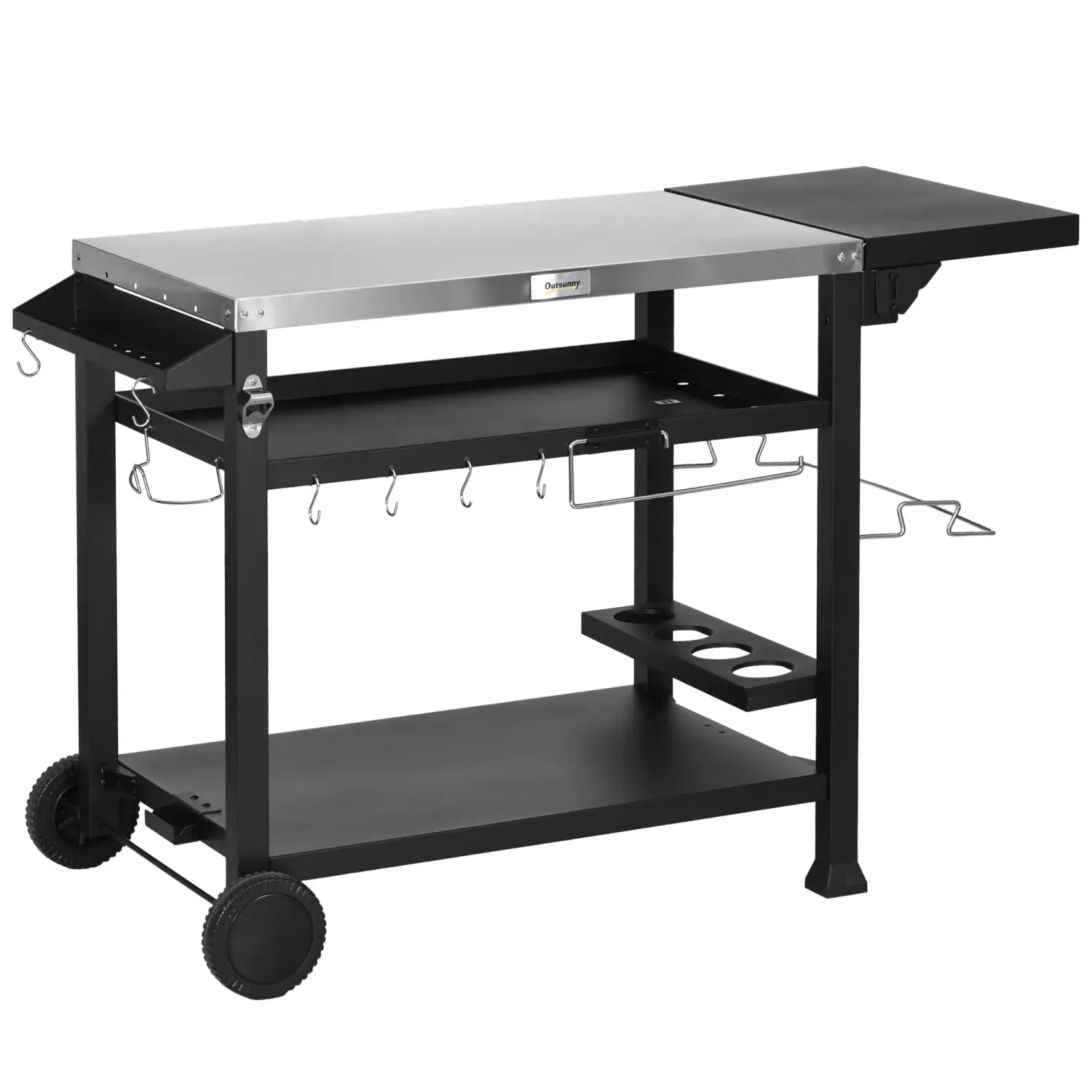 Grillwagen, Outdoor-Küchenwagen inkl. Zubehör, 125 x 65 x 84 cm, Schwarz + Silber