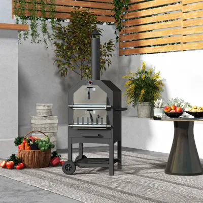 2-in-1 Outdoor Grill / Pizzaofen, mit Pizzastein, Aschefach, 2x Grillrost, Thermometer, rostfrei, Schwarz