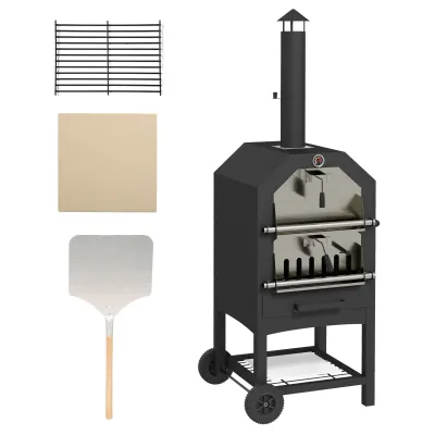 2-in-1 Outdoor Grill / Pizzaofen, mit Pizzastein, Aschefach, 2x Grillrost, Thermometer, rostfrei, Schwarz