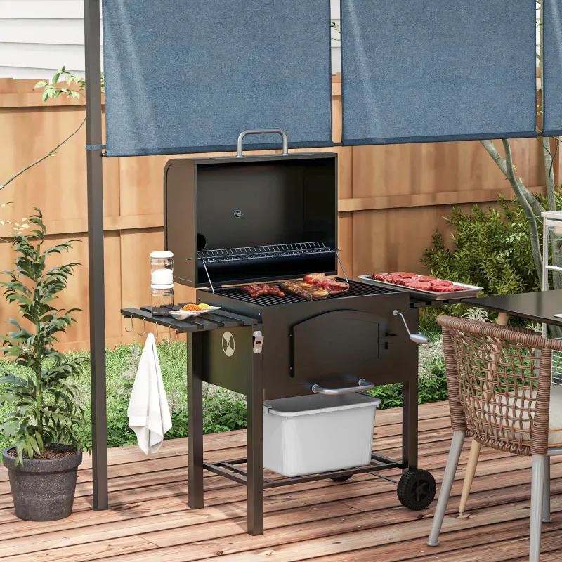 BBQ-Smoker, Holzkohlegrill-Grillwagen mit einstellbarer Holzkohlehöhe und Thermometer