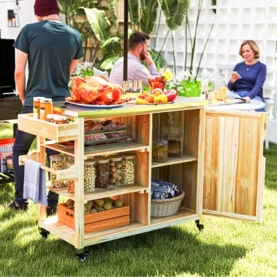 Outdoor-Kücheninsel, Grillwagen mit Schrank und Regalen, Küchenwagen aus Holz und Edelstahl