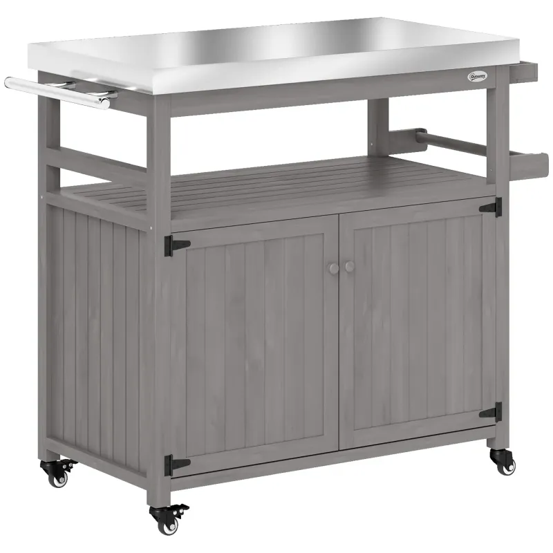 Outdoor-Kücheninsel, Grillwagen, Küchenwagen aus Holz und Edelstahl, Grau