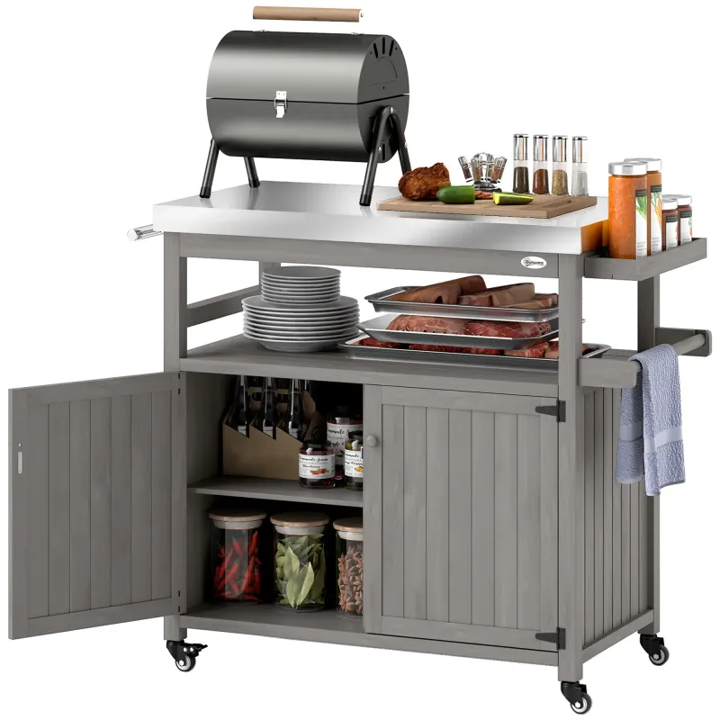 Outdoor-Kücheninsel, Grillwagen, Küchenwagen aus Holz und Edelstahl, Grau