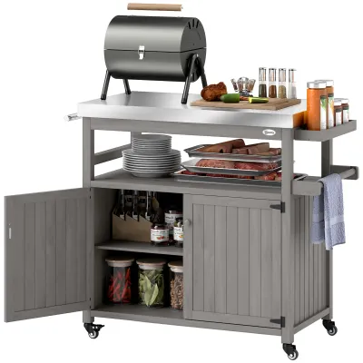 Outdoor-Kücheninsel, Grillwagen, Küchenwagen aus Holz und Edelstahl, Grau