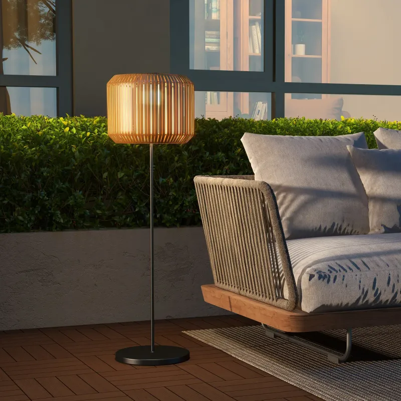 Rattan Aussenleuchte, Solar Gartenlampe, Einschaltautomatik, LED, wetterfest, Metallrahmen, Ø34 x 130cm, Schwarz/Gelb