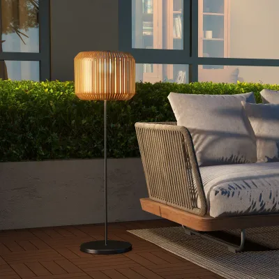 Rattan Aussenleuchte, Solar Gartenlampe, Einschaltautomatik, LED, wetterfest, Metallrahmen, Ø34 x 130cm, Schwarz/Gelb