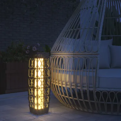 Solarleuchte LED Gartenleuchte mit Rattan und Lichtsensor, grau, Anti-UV für Aussenbereich