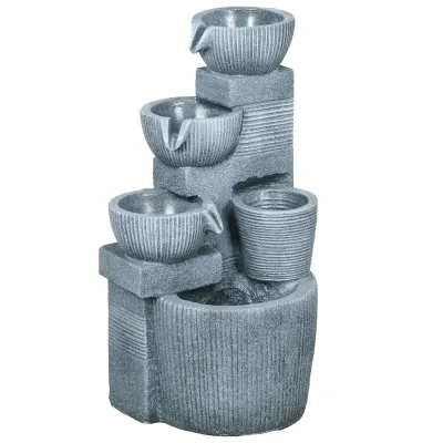 Solar-Gartenbrunnen, Kaskadenbrunnen mit 4 Stufen und LED-Beleuchtung, Zierbrunnen, 31 x 27 x 57 cm