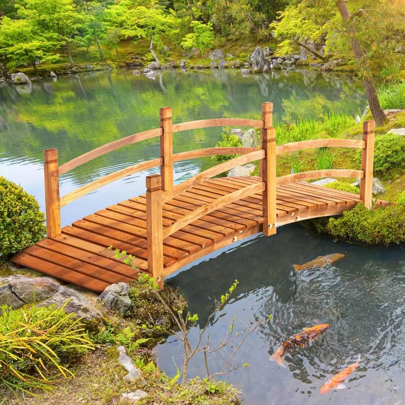 Gartenbrücke Holzbrücke 185 cm mit Geländer bis 200kg massiv, ideal für Garten & Teich
