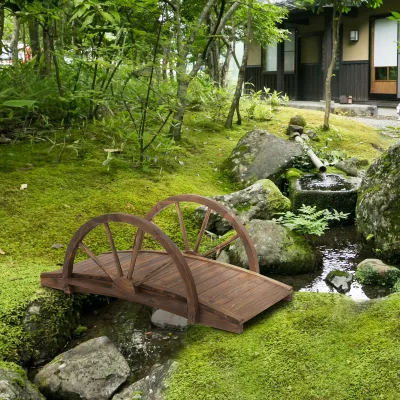 Holzbrücke mit Rad Design, Teichbrücke bis 150 kg belastbar 100 x 50 x 37 cm