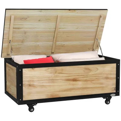 Mobile Garten-Aufbewahrungsbox, 121 Liter, auf Rädern, wetterfest, Metallrahmen, Naturholz,