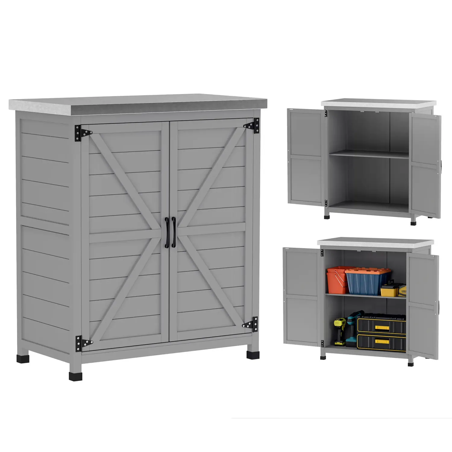 Gartenschrank mit Arbeitsfläche, Werkzeugschrank, Massivholz, Stahl, 79B x 43T x 92H cm, Grau