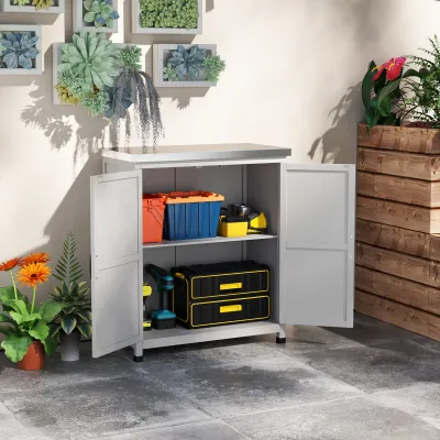 Gartenschrank mit Arbeitsfläche, Werkzeugschrank, Massivholz, Stahl, 79B x 43T x 92H cm, Grau