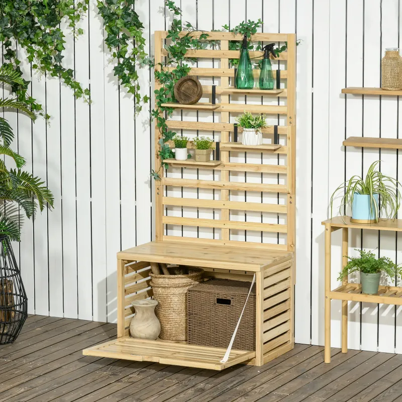 Terrassenbox mit Spalier, 4 Hängeregale, Magnettür, Massivholz, Natur, 80 x 45 x 160 cm