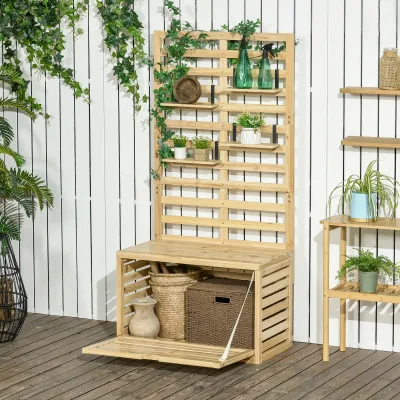 Terrassenbox mit Spalier, 4 Hängeregale, Magnettür, Massivholz, Natur, 80 x 45 x 160 cm