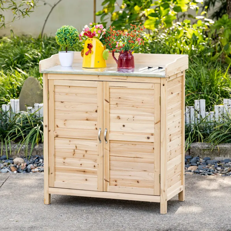 Gartenschrank mit 2 Fächern, Metall-Arbeitsplatte mit Aufkantung, Naturholz, 83 x 40 x 92 cm