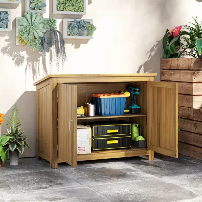 Gartenschrank, Werkzeugschrank mit 2 Regalen für Garten, Terrasse, Wetterfest, 110 x 50 x 85 cm, Braun