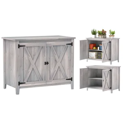 Gartenschrank im Scheunendesign, Geräteschrank mit Doppeltüren, Hellgrau