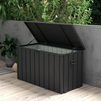 Aufbewahrungsbox aus Metall, Gartentruhe, 2 Räder, 125x61x70 cm, Dunkelgrau
