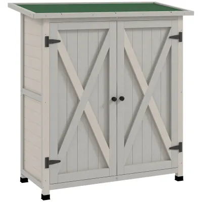 Geräteschrank aus Holz mit 2 Türen und Asphaltdach, 110 x 55 x 117 cm, Hellgrau