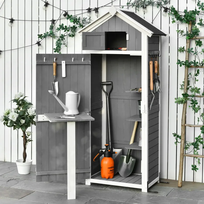 Gartenschrank mit Tür und Dach &amp; faltbaren Tisch, Geräteschuppen aus Holz, grau, 78x52,5x182cm