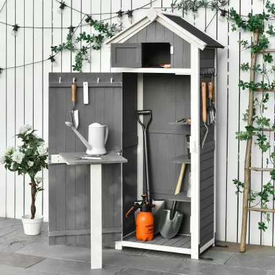 Gartenschrank mit Tür und Dach & faltbaren Tisch, Geräteschuppen aus Holz, grau, 78x52,5x182cm