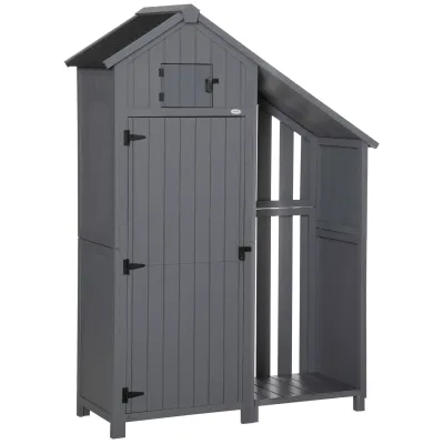 Gartenschrank, offenes Brennholzfach, verriegelbare Tür, wetterfest, Naturholz, 129 x 51,5 x 180cm, grau+schwarz