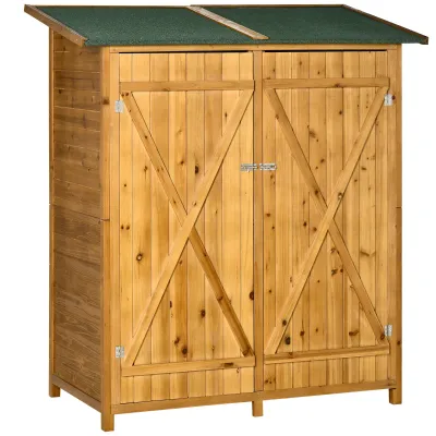 Geräteschuppen mit 2 Türen und extra Tisch, Geräteschrank mit Asphaltdach, Tannenholz Natur 140 x 75 x 157 cm