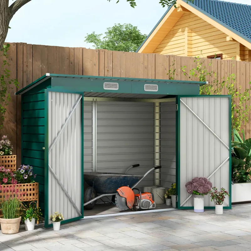 Gerätehaus 4,1m³, Gartenhaus mit Pultdach, 249 x 121 x 166/183 cm, abschliessbare Doppeltüren, Grün