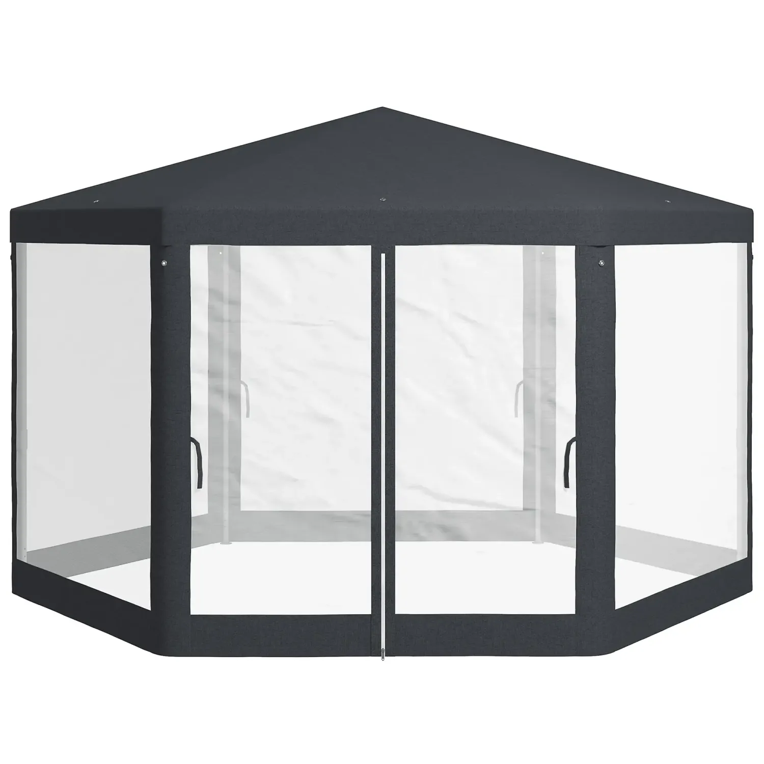 Gartenpavillon, 6-eckig, Netzvorhänge, Jurte, Metallgestell, 4x4x2,5m, Dunkelgrau