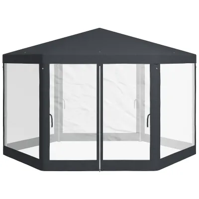 Gartenpavillon, 6-eckig, Netzvorhänge, Jurte, Metallgestell, 4x4x2,5m, Dunkelgrau
