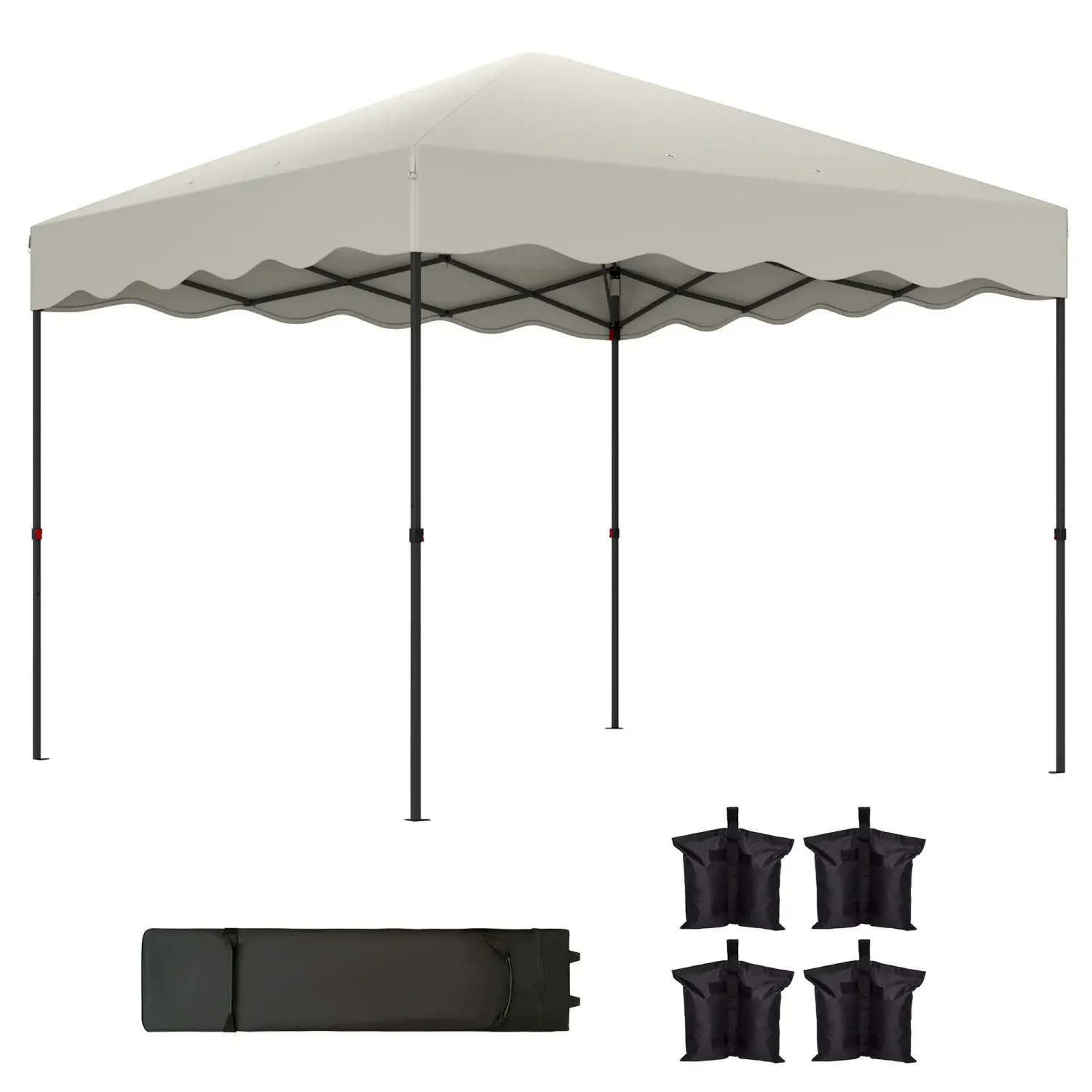 3 x 3 m Pop-up-Pavillon, Höhenverstellbares Gartenzelt, mit Rolltasche und Gewichten, für Garten, Terrasse, Metall, Stoff, cremeweiss