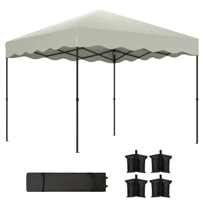 3 x 3 m Pop-up-Pavillon, Höhenverstellbares Gartenzelt, mit Rolltasche und Gewichten, für Garten, Terrasse, Metall, Stoff, cremeweiss