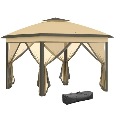 Faltpavillon, Gartenpavillon, Netzvorhänge, 330L x 330B x 288H cm, Beige