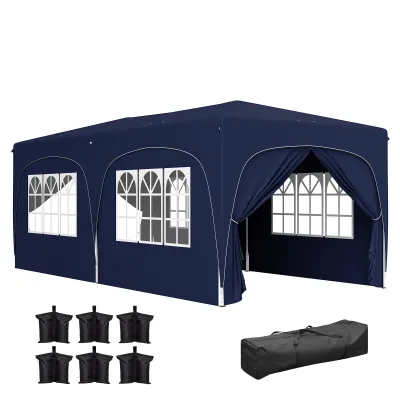 3 x 6 m Pop-up Pavillon, Festzelt mit Seitenwänden, UPF50+ höhenverstellbares Gartenzelt mit Tragetasche und Sandsäcken, Blau