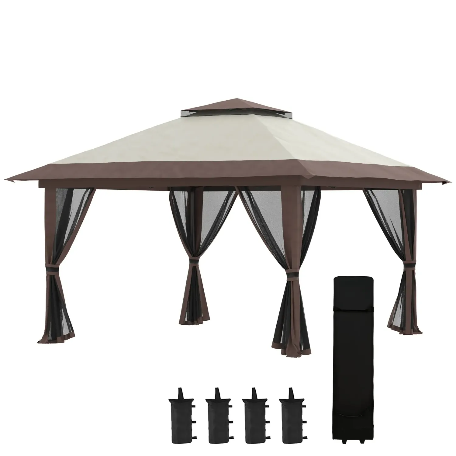 Faltpavillon, höhenverstellbar, 4 Netzwände, mit Gewichten, Lüftungsdach, Tragetasche, Schnellaufbau, 4 x 4 x 3 m, beige