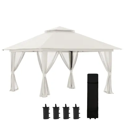 Faltpavillon, höhenverstellbar, 4 Netzwände, mit Gewichten, Lüftungsdach, Tragetasche, Schnellaufbau, 4 x 4 x 3 m, Cremeweiss