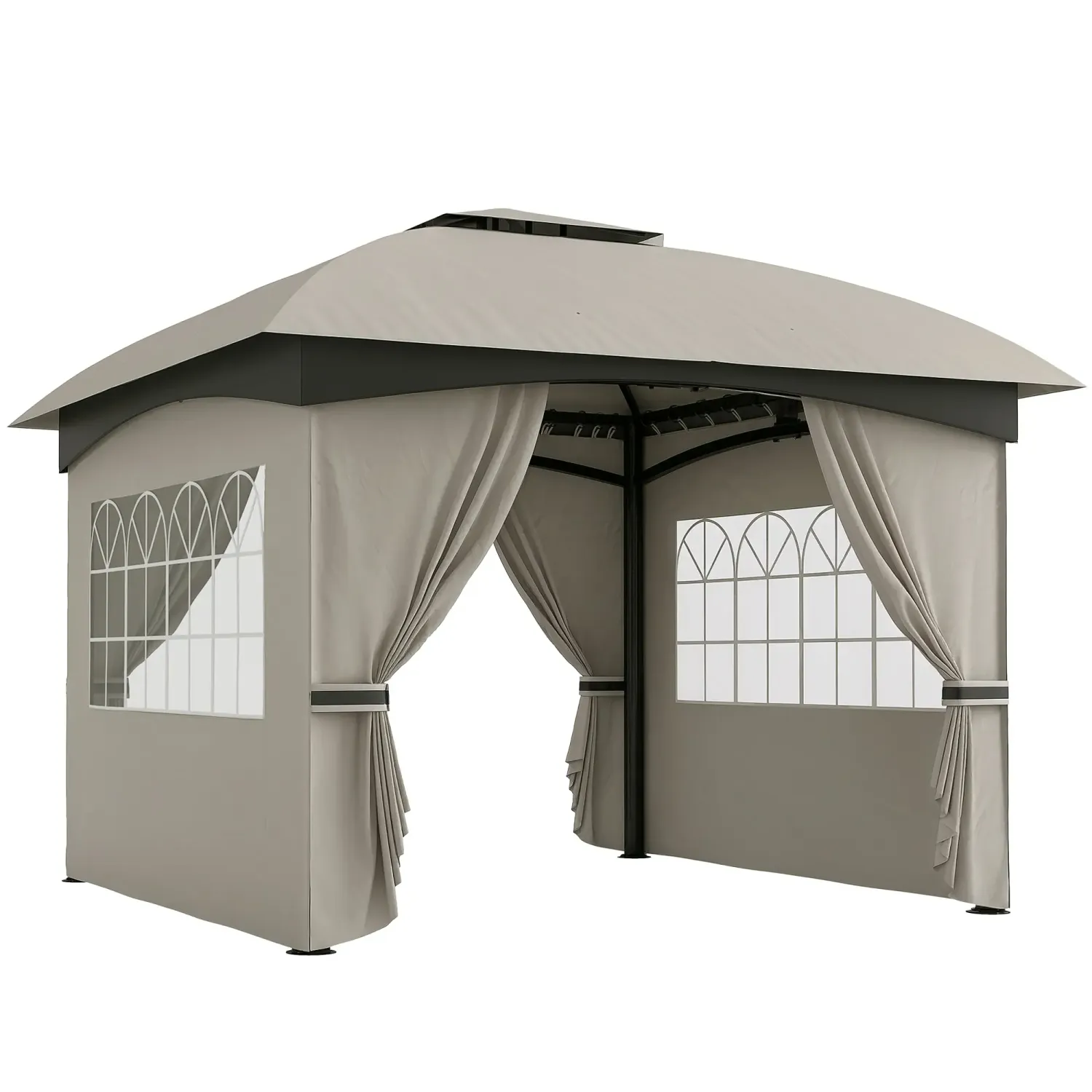 3,4 x 3,4 m Gartenpavillon, Gartenzelt mit Lüftungsdach, Bogenfenstern, Stahlgestell, Hellgrau