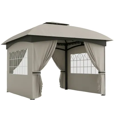 3,4 x 3,4 m Gartenpavillon, Gartenzelt mit Lüftungsdach, Bogenfenstern, Stahlgestell, Hellgrau