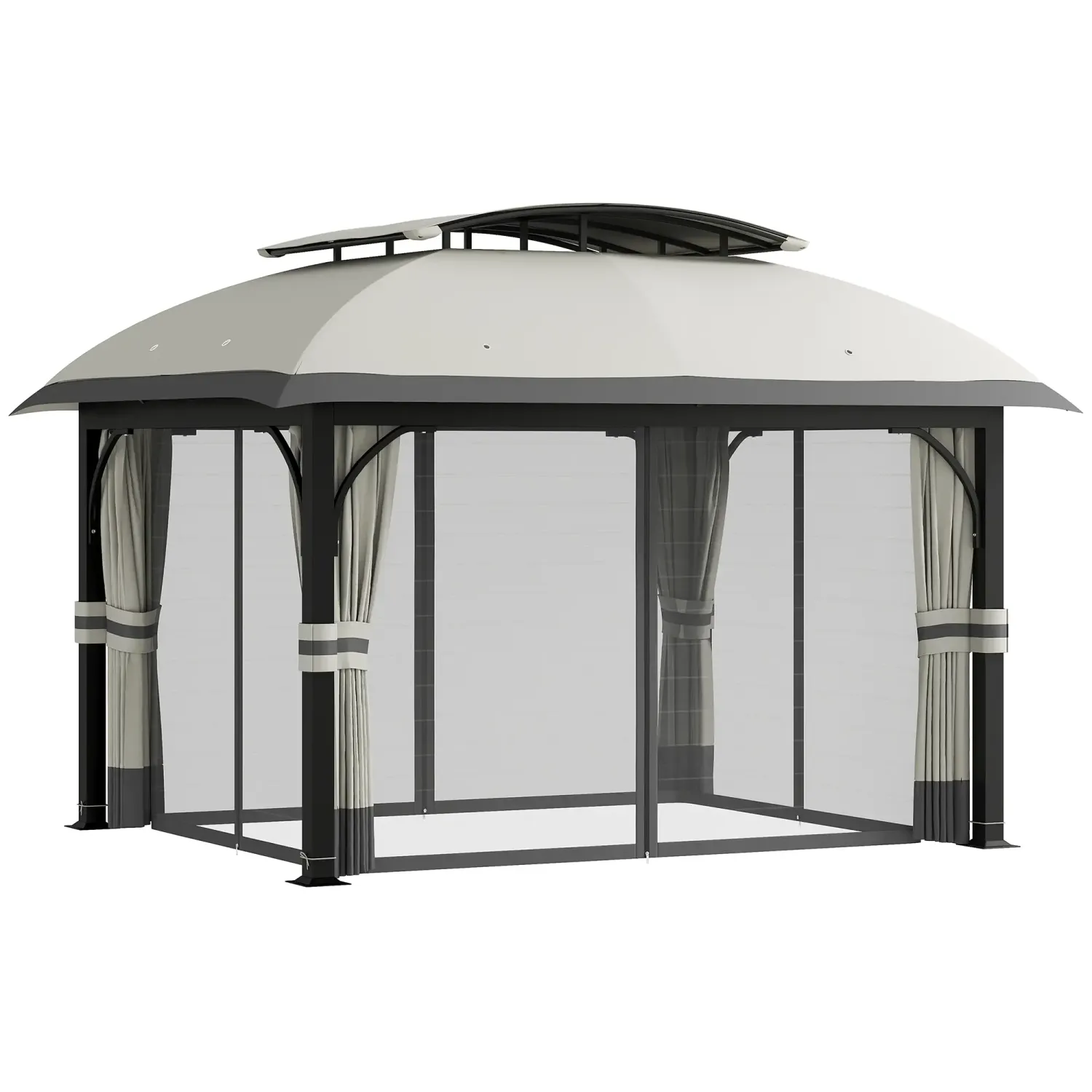Luxuriöser Gartenpavillon mit Kunstleder-Bezug, 3,3 x 4 m Gartenzelt mit Netz-Vorhängen, zweistufiges Dach, Metallrahmen, Hellgrau