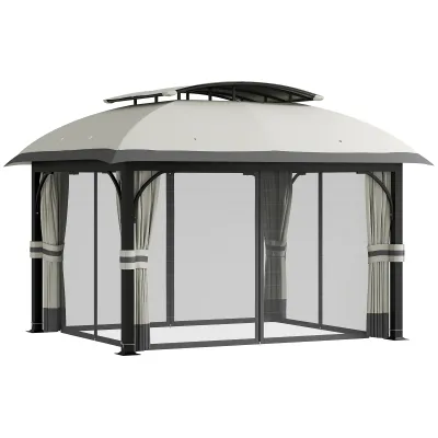 Luxuriöser Gartenpavillon mit Kunstleder-Bezug, 3,3 x 4 m Gartenzelt mit Netz-Vorhängen, zweistufiges Dach, Metallrahmen, Hellgrau