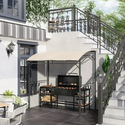 Grillpavillon mit Haken für Utensilien, Beige+Schwarz, 215 x 150 x 182/220 cm