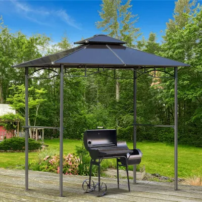 Gartenpavillon, Grillpavillon 2,4 x 1,5 m - mit festem Polycarbonat-Dach, Aluminium-Metall Schwarz