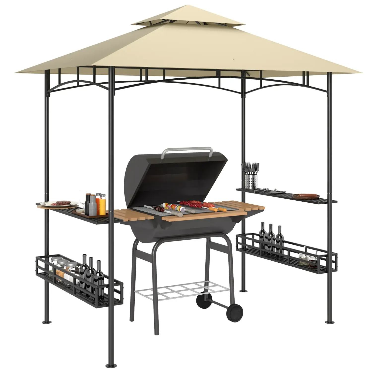 Grill-Zelt, BBQ-Zelt, Gartenpavillon mit 2 Regalen, Aufbewahrungskörbe, Haken, für Terrasse, Beige