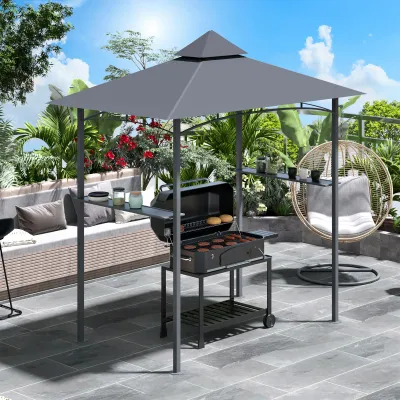 Grillpavillon mit Ablagen Flammhemmendes Doppeldach Grau 245 x 148 x 252 cm